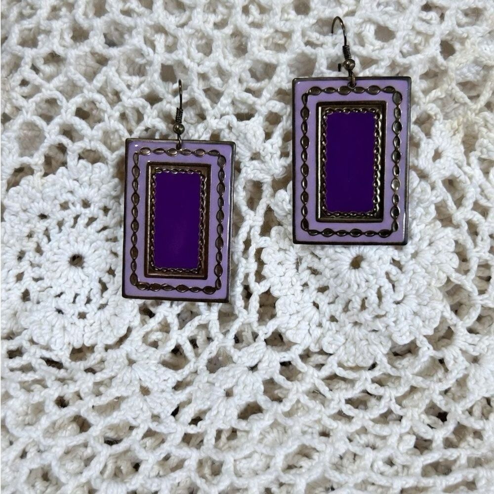 Purple Lilac Enamel Metal Vintage Boho Rectangle Dangle Earrings Hippie